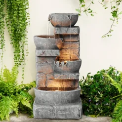 Teamson Home 33.25" Cascading Bowls & Stacked Stones LED Outdoor Water Fountain, Gray