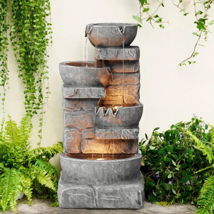 Teamson Home 33.25" Cascading Bowls & Stacked Stones LED Outdoor Water Fountain, Gray