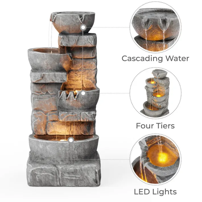 Teamson Home 33.25" Cascading Bowls & Stacked Stones LED Outdoor Water Fountain, Gray