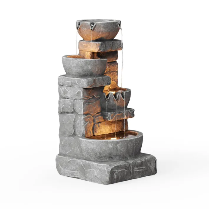 Teamson Home 33.25" Cascading Bowls & Stacked Stones LED Outdoor Water Fountain, Gray