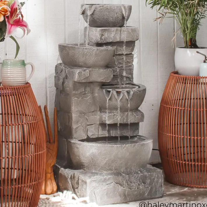 Teamson Home 33.25" Cascading Bowls & Stacked Stones LED Outdoor Water Fountain, Gray