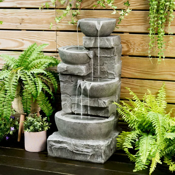 Teamson Home 33.25" Cascading Bowls & Stacked Stones LED Outdoor Water Fountain, Gray