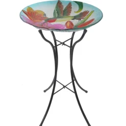 Teamson Home 17.99" Handpainted Hummingbird Glass Birdbath with Solar LED, Multi