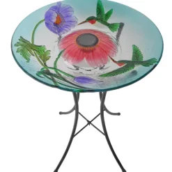 Teamson Home 17.99" Handpainted Hummingbird Glass Birdbath with Solar LED, Multi -FINAL SALE