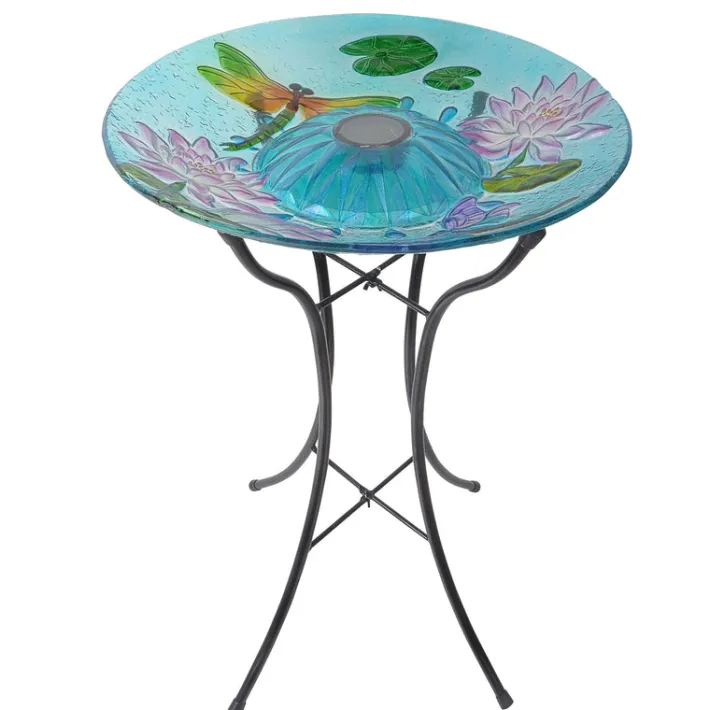 Teamson Home 17.99" Handpainted Dragonfly Glass Birdbath with Solar LED, Multi