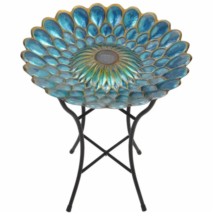 Teamson Home 17.99" Handpainted Flower Glass Birdbath with Solar LED, Multi