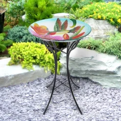 Teamson Home 17.99" Handpainted Hummingbird Glass Birdbath with Solar LED, Multi