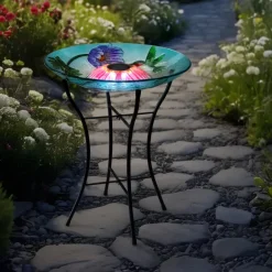 Teamson Home 17.99" Handpainted Hummingbird Glass Birdbath with Solar LED, Multi -FINAL SALE