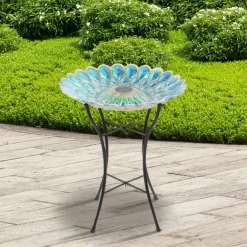 Teamson Home 17.99" Handpainted Flower Glass Birdbath with Solar LED, Multi