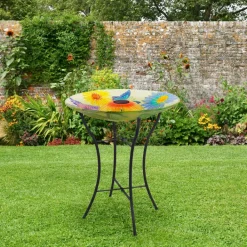 Teamson Home 17.99" Hand-painted Flower Glass Birdbath with Solar LED, Multi