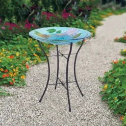 Teamson Home 17.99" Handpainted Dragonfly Glass Birdbath with Solar LED, Multi