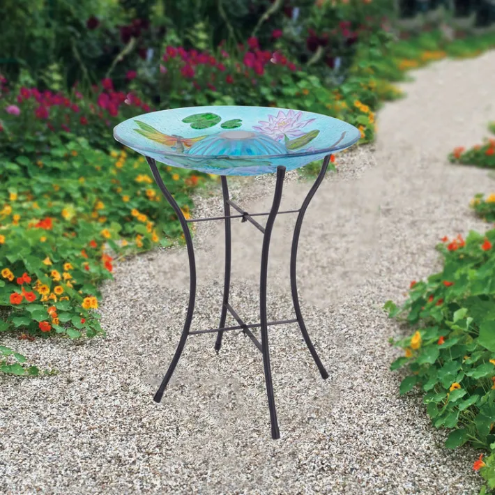 Teamson Home 17.99" Handpainted Dragonfly Glass Birdbath with Solar LED, Multi