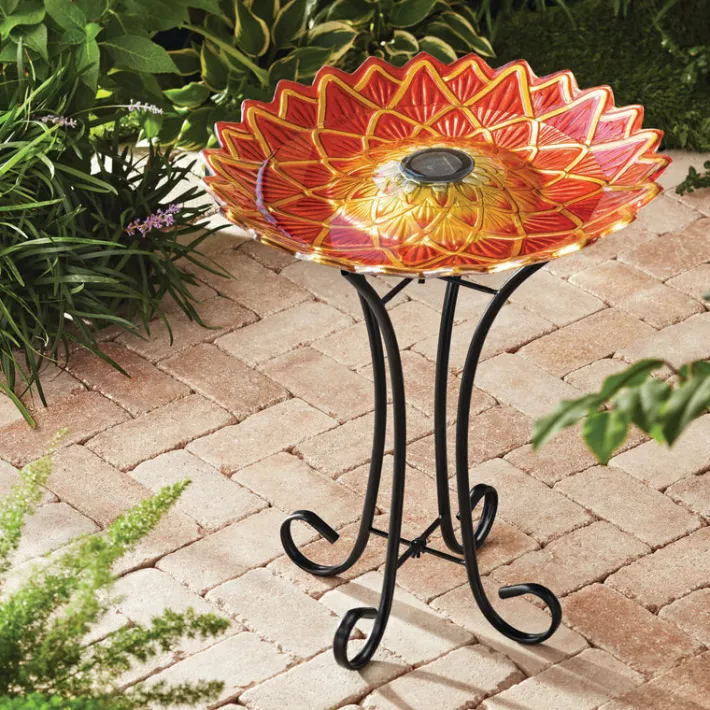 Teamson Home 17.8" Handpainted Flower Glass Birdbath with Solar LED, Red -FINAL SALE