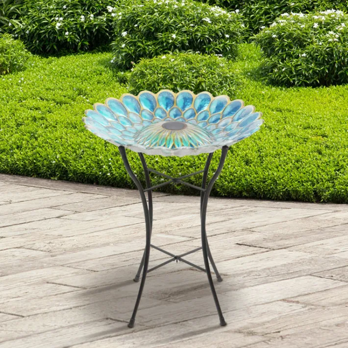 Teamson Home 17.99" Handpainted Flower Glass Birdbath with Solar LED, Multi