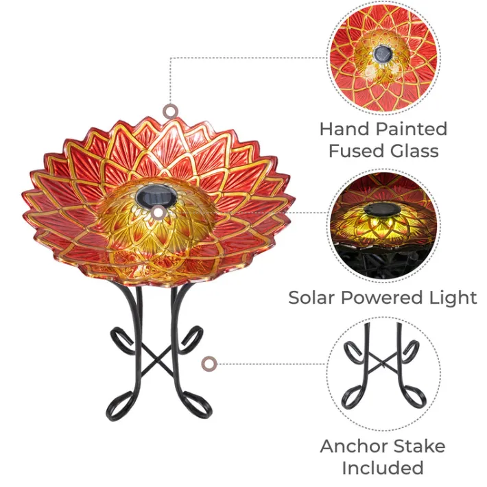 Teamson Home 17.8" Handpainted Flower Glass Birdbath with Solar LED, Red -FINAL SALE