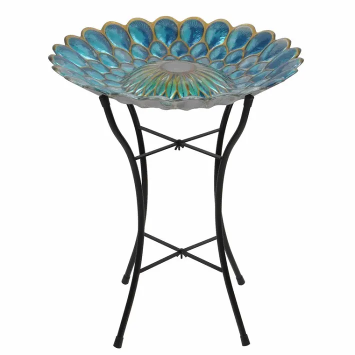 Teamson Home 17.99" Handpainted Flower Glass Birdbath with Solar LED, Multi