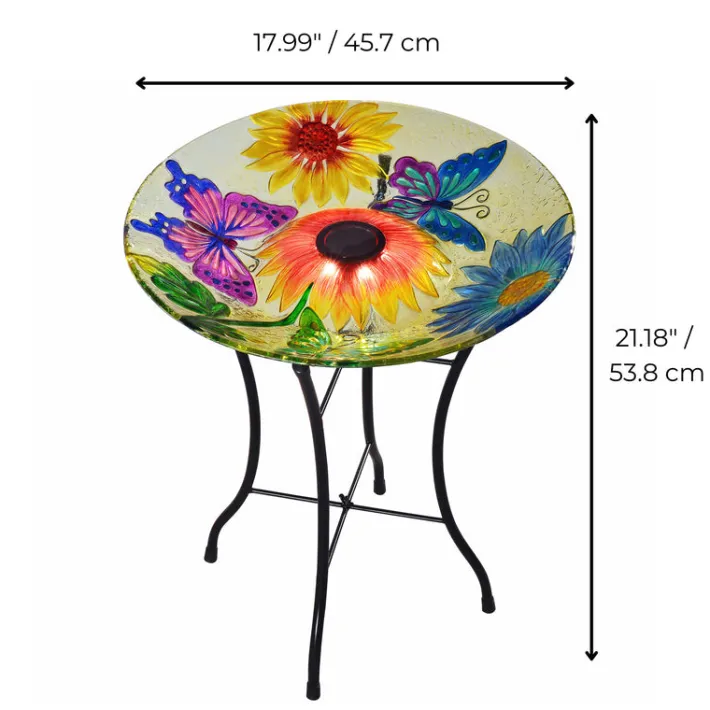 Teamson Home 17.99" Hand-painted Flower Glass Birdbath with Solar LED, Multi