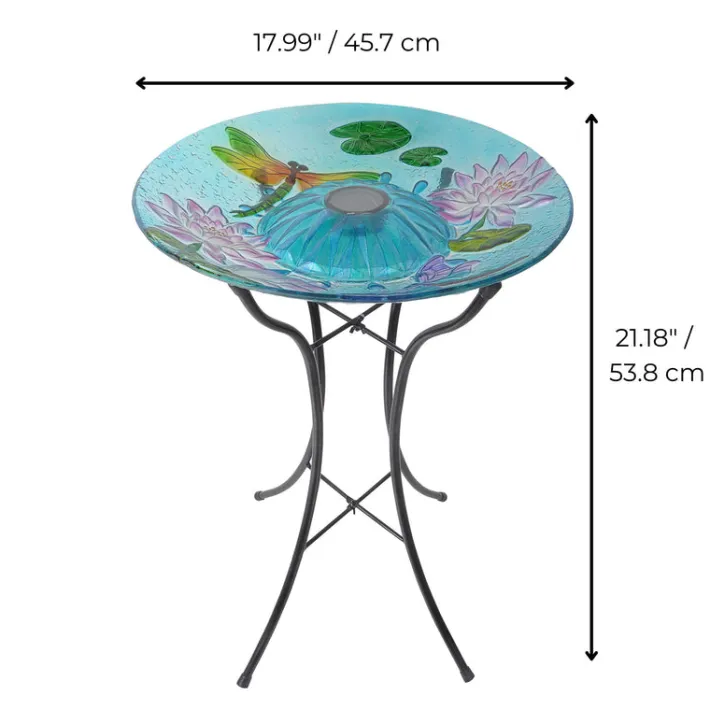 Teamson Home 17.99" Handpainted Dragonfly Glass Birdbath with Solar LED, Multi