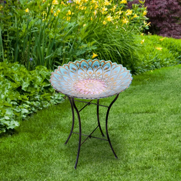 Teamson Home 17.99" Handpainted Flower Glass Birdbath, Multi