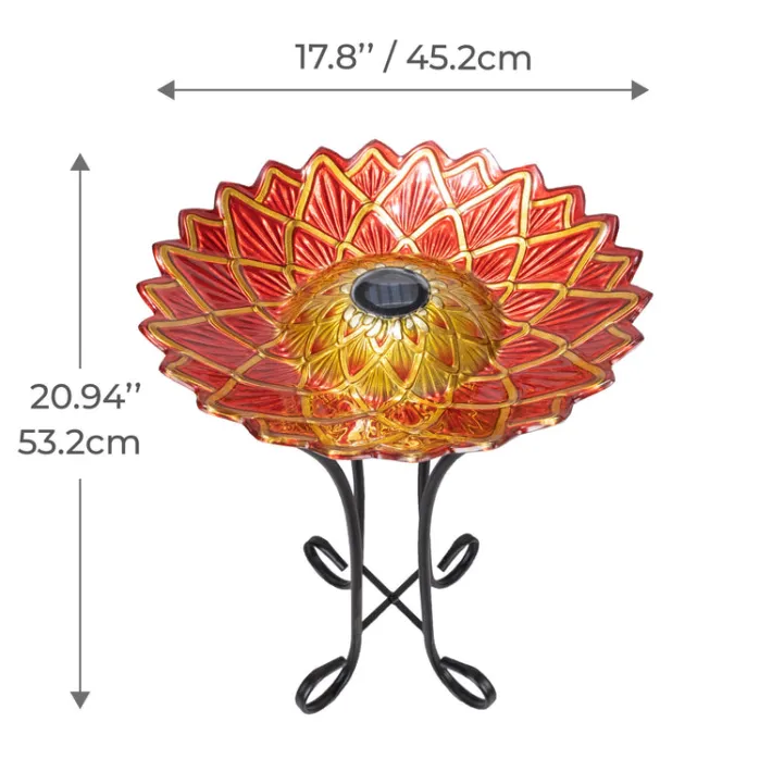 Teamson Home 17.8" Handpainted Flower Glass Birdbath with Solar LED, Red -FINAL SALE
