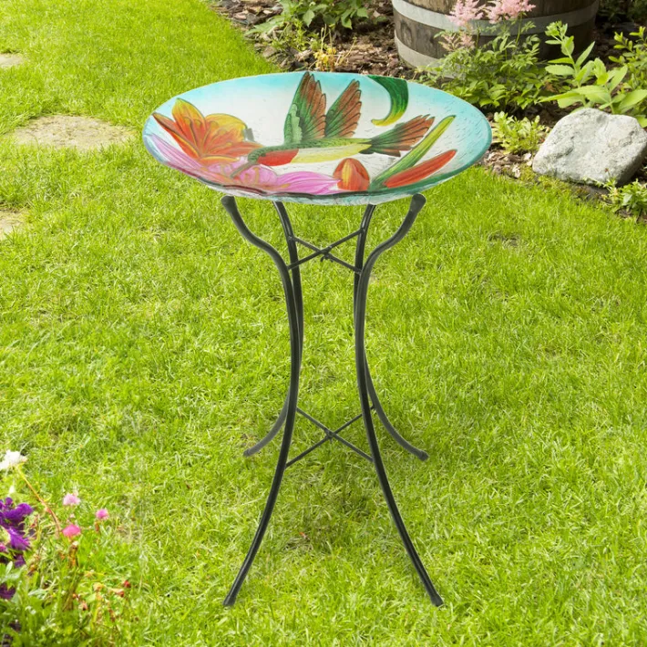 Teamson Home 17.99" Handpainted Hummingbird Glass Birdbath with Solar LED, Multi