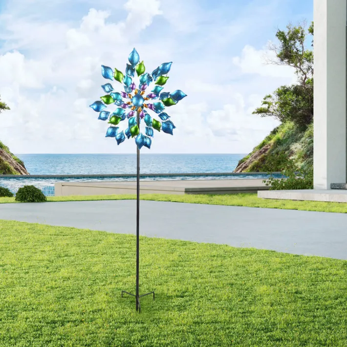Teamson Home - Outdoor Blue Floral Kinetic Dual Spinner Windmill -FINAL SALE