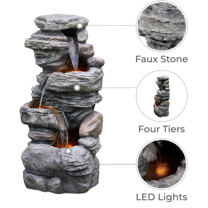 Teamson Home 39.37" Outdoor Faux Stone 4-Tier Water Fountain with LED, Gray