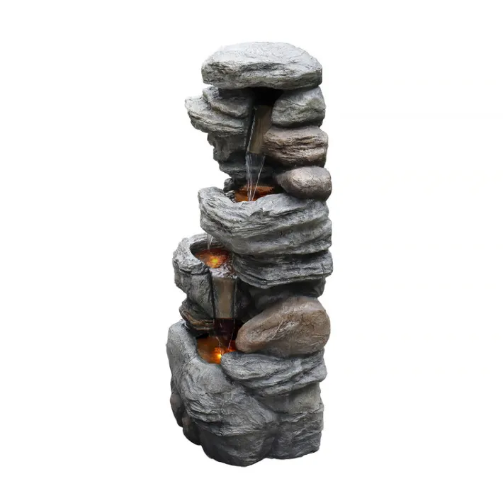 Teamson Home 39.37" Outdoor Faux Stone 4-Tier Water Fountain with LED, Gray