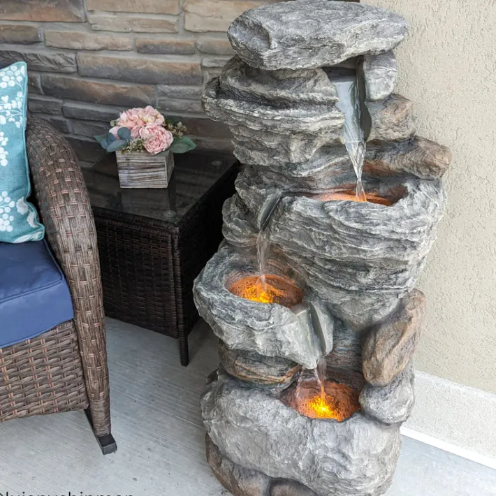 Teamson Home 39.37" Outdoor Faux Stone 4-Tier Water Fountain with LED, Gray