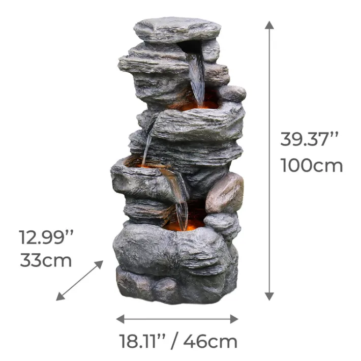 Teamson Home 39.37" Outdoor Faux Stone 4-Tier Water Fountain with LED, Gray