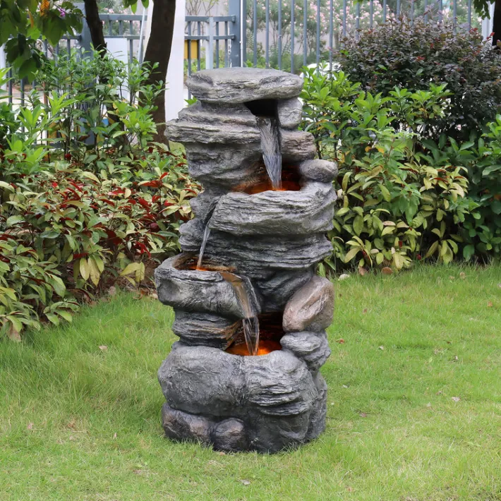 Teamson Home 39.37" Outdoor Faux Stone 4-Tier Water Fountain with LED, Gray