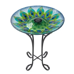 Teamson Home 17.8" Outdoor Handpainted Peacock Glass Birdbath with LED, Multi -FINAL SALE