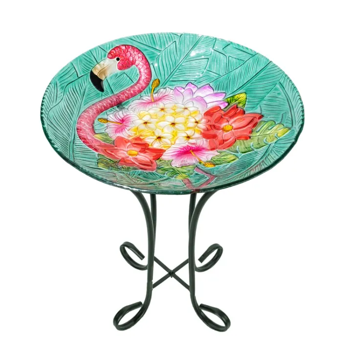 Teamson Home 17.8" Outdoor Handpainted Flamingo Glass Birdbath, Multi -FINAL SALE