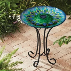 Teamson Home 17.8" Outdoor Handpainted Peacock Glass Birdbath with LED, Multi -FINAL SALE