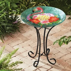 Teamson Home 17.8" Outdoor Handpainted Flamingo Glass Birdbath, Multi -FINAL SALE