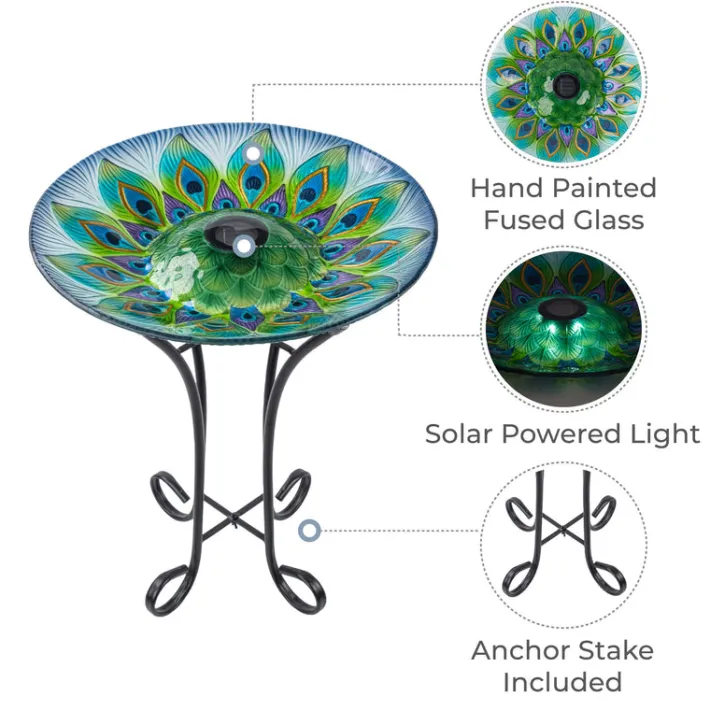 Teamson Home 17.8" Outdoor Handpainted Peacock Glass Birdbath with LED, Multi -FINAL SALE