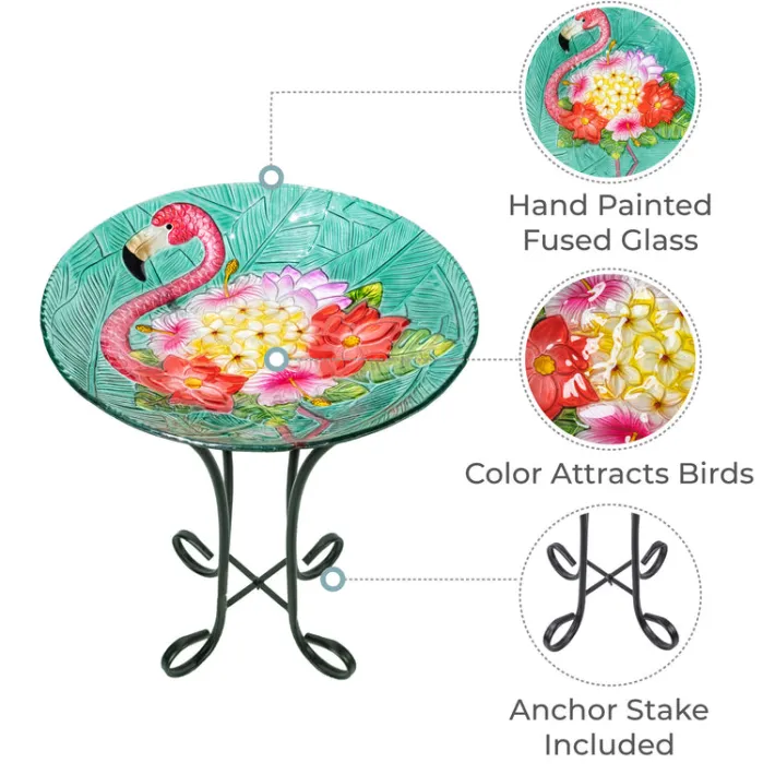 Teamson Home 17.8" Outdoor Handpainted Flamingo Glass Birdbath, Multi -FINAL SALE