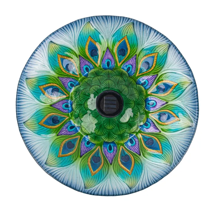 Teamson Home 17.8" Outdoor Handpainted Peacock Glass Birdbath with LED, Multi -FINAL SALE
