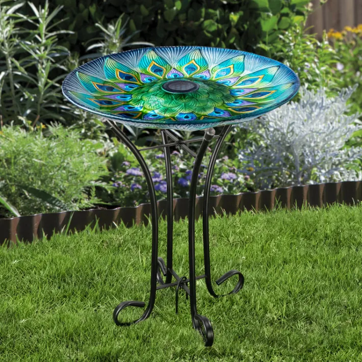 Teamson Home 17.8" Outdoor Handpainted Peacock Glass Birdbath with LED, Multi -FINAL SALE