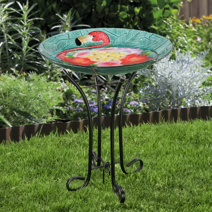 Teamson Home 17.8" Outdoor Handpainted Flamingo Glass Birdbath, Multi -FINAL SALE