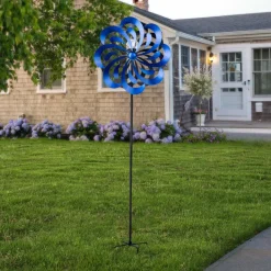 Teamson Home 70.87" Outdoor Kinetic Windmill Sculpture with LED Light, Blue -FINAL SALE