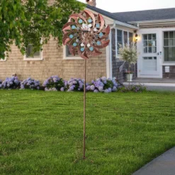 Teamson Home 70.87" Outdoor Kinetic Windmill Sculpture with LED Light, Copper