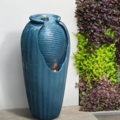 Teamson Home 32.01" Outdoor LED Modern Vase Water Fountain with LED, Teal Blue