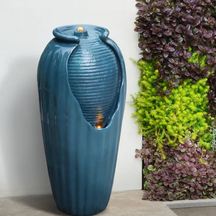Teamson Home 32.01" Outdoor LED Modern Vase Water Fountain with LED, Teal Blue