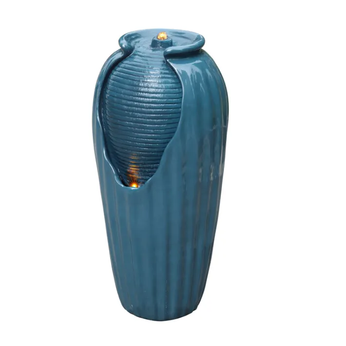 Teamson Home 32.01" Outdoor LED Modern Vase Water Fountain with LED, Teal Blue