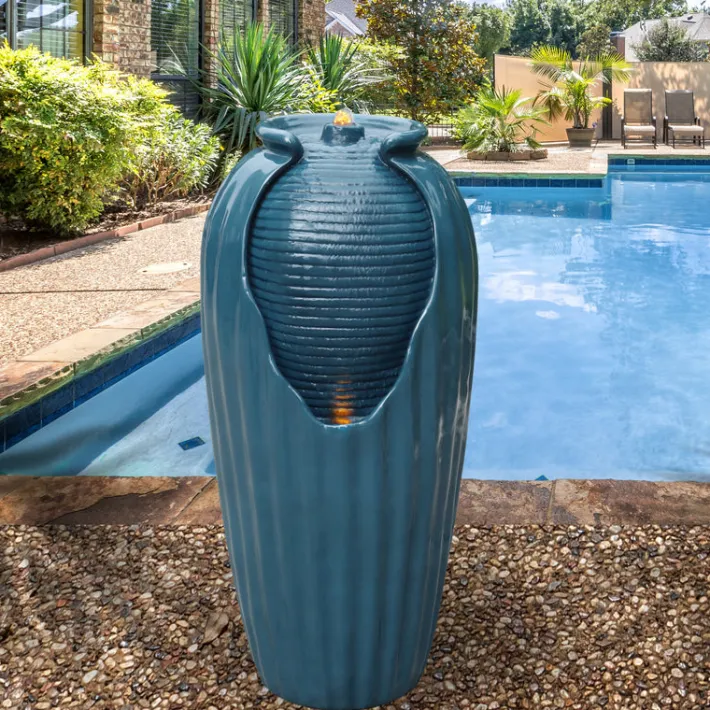 Teamson Home 32.01" Outdoor LED Modern Vase Water Fountain with LED, Teal Blue