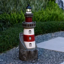 Teamson Home 38.98" Outdoor Lighthouse Solar Water Fountain, Red & White