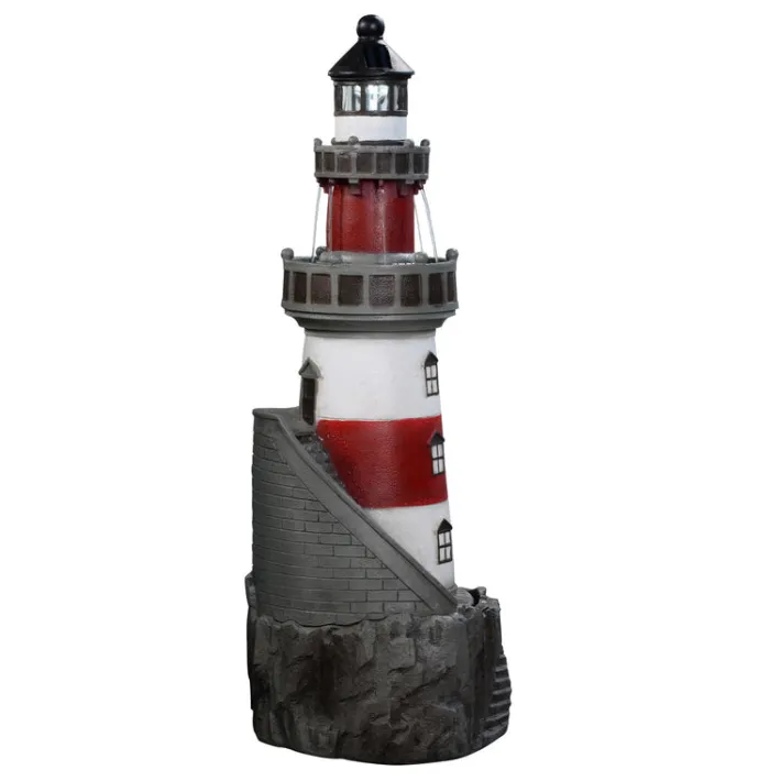 Teamson Home 38.98" Outdoor Lighthouse Solar Water Fountain, Red & White