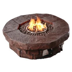 Teamson Home 37.01" Outdoor Round Faux Brick Propane Gas Fire Pit with Accessories, Red Brown