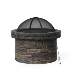 Teamson Home 26.57" Outdoor Round Faux Stone Wood Burning Fire Pit with Accessories, Multi
